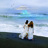 UFO (USO) churns up the sea as the sisters watch